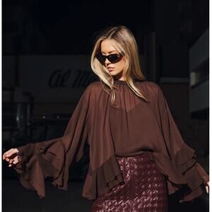 NWT Commense Tiered Ruffle Semi-Sheer Chiffon Blouse Sz M